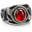 Bague homme acier � pierre rouge et serpents enlac�s