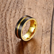 Bague homme en tungstne dore  rainure et bandes noires brosses