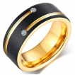 Bague homme en tungstene noir et dor  lignes avec strass