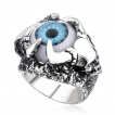 Bague homme gothique en acier à cranes cornus et oeil bleu clair