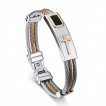 Bracelet homme acier à filins avec plaque à croix et insert cuir