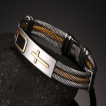 Bracelet homme acier  filins avec plaque  croix et insert cuir