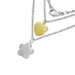 Collier acier chaine et pendentifs fleur et coeur sertis