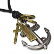 Collier avec cordon de cuir, anneaux, ancre de marine, croix et plaque
