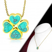 Collier femme acier dor  trfle de turquoises en coeurs