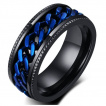 Bague homme crante en acier noir  chaine bleue