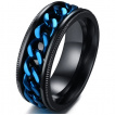 Bague homme crante en acier noir  chaine bleue