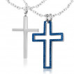 Paire de pendentifs croix argentée et croix bleue sablée