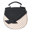 Petit sac besace demi-lune blanc cass  pois noirs avec rabat noir en forme de noeud