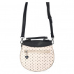 Petit sac besace demi-lune blanc cass  pois noirs avec rabat noir en forme de noeud