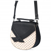 Petit sac besace demi-lune blanc cassé à pois noirs avec rabat noir en forme de noeud