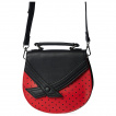 Petit sac besace demi-lune rouge à pois noirs avec rabat noir en forme de noeud