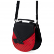 Petit sac besace demi-lune rouge  pois noirs avec rabat noir en forme de noeud