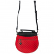 Petit sac besace demi-lune rouge à pois noirs avec rabat noir en forme de noeud