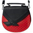 Petit sac besace demi-lune rouge  pois noirs avec rabat noir en forme de noeud