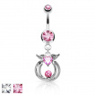 Piercing nombril à coeur strass ailé et anneaux suspendus