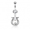 Piercing nombril à coeur strass ailé et anneaux suspendus