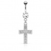 Piercing nombril avec croix pavée de stasses clairs