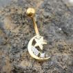 Piercing nombril doré à croissant de lune serti et étoile
