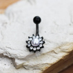 Piercing nombril fleur noire à strass clairs et perle