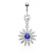 Piercing nombril fleur royale avec centre bleu et strasses clairs