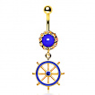 Piercing nombril plaqué or et bleu à barre (roue) de bateau