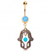 Piercing nombril plaqu or hamsa vintage ouverte avec turquoises