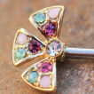 Piercing téton fleur dorée divisée à strass multicolores
