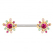 Piercing téton à fleurs strass dorées arc en ciel