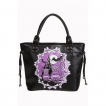 Sac à main gothique Banned noir à motif violet avec chouettes et manoir hanté