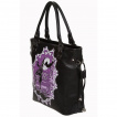 Sac à main gothique Banned noir à motif violet avec chouettes et manoir hanté