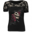 T-shirt femme gothique à dentelle avec tête de mort sur lit de roses et tribal