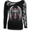 T-shirt femme gothique  manche de dentelle avec croix macabre  ailes d'ange