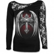 T-shirt femme gothique à manche de dentelle avec croix macabre à ailes d'ange