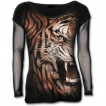 T-shirt femme noir  col large et manches transparentes avec tigre