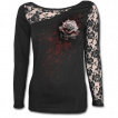 T-shirt femme gothique à manche longue en dentelle avec rose ensanglanté et éclaboussures