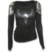 T-shirt femme gothique à manches longues et épaules en dentelle avec crane de corbeau ailé