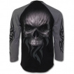 T-shirt gothique homme noir et gris  manches longues avec effroyable tte de mort et motifs tribaux