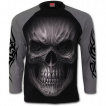 T-shirt gothique homme noir et gris  manches longues avec effroyable tte de mort et motifs tribaux