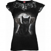 Top femme mancherons dentelle avec chat noir  ailes et dents de vampire