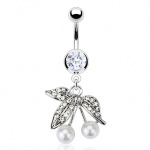 Piercing nombril cerises en perle et feuilles pav�es de pierres