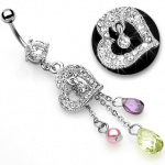 Piercing nombril coeur pav� et 3 chainettes