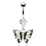 Piercing nombril papillon noir et gris perl� et serti