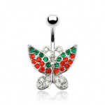 Piercing nombril papillon pav� de pierres claires, rouges et vertes