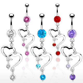 Piercing nombril pendentif coeurs croiss sertis