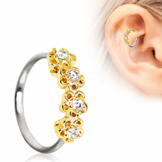 Anneau cartilage oreille  fleurs dores serties