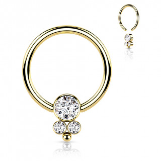 Anneau CBR Doré en acier à jonction triple strass et perle