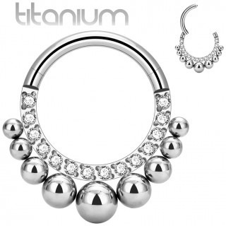 Anneau charni�re � arc de zirconiums et perles en Titane argent�