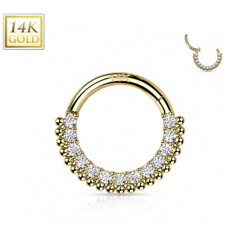 Anneau charnière en or jaune 14 carats à arc perlé et serti de zirconiums