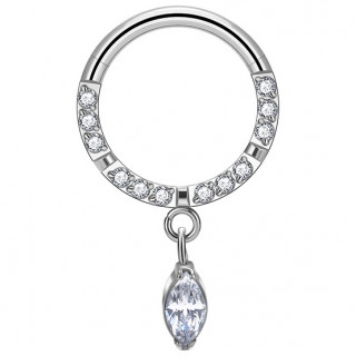 Anneau charnire en Titane  arcs de zirconiums bords et pendentif en amande (septum et oreille)